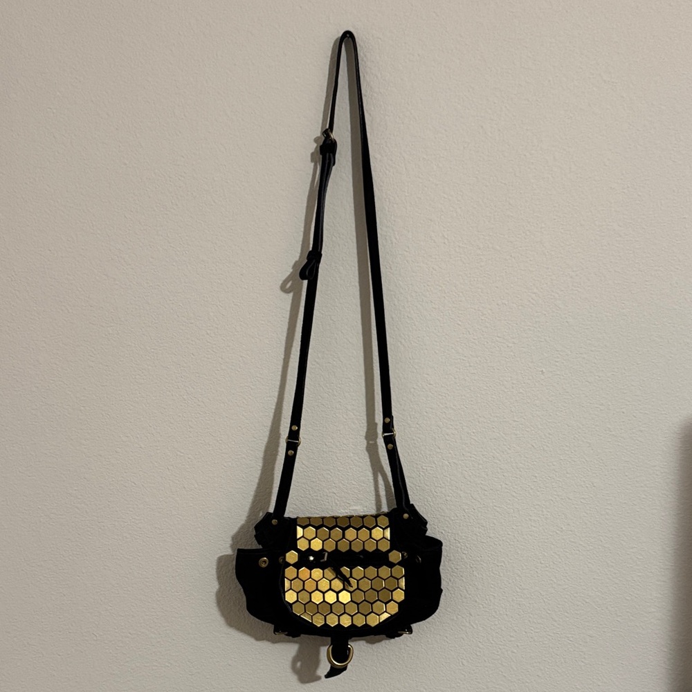 Jerome Dreyfus’s Mini Twee - Black and Gold Hexagon Women's Suede Crossbody